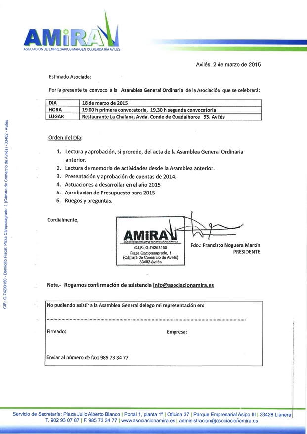Orden del día de la Asamblea General de Amira el 18 de marzo de 2015